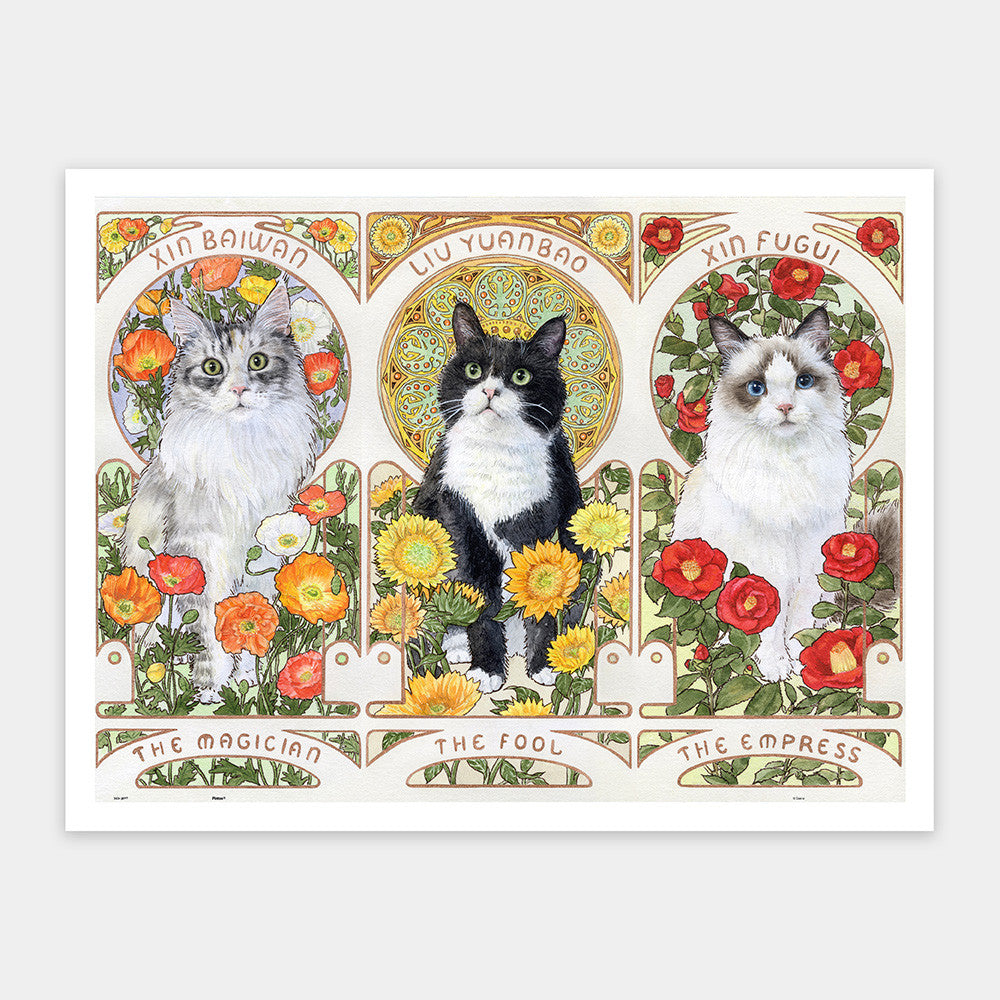 Giaciu - Three Pictures of Cats in the Alphonse Mucha Style